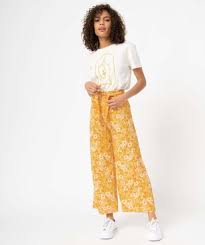 Pantalon femme satin imprimé cachemire orange